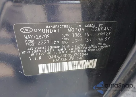 2009 Hyundai Elantra Se from USA, damaged, VIN KMHDU46D39U791844